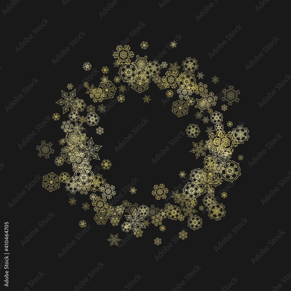 Gold snowflakes frame on black background. New year theme. Stylish shiny Christmas frame for holiday banner, card, sales, special offers. Falling snow with gold snowflakes and glitter for party invite Gold snowflakes frame on black background. New year theme. Stylish shiny Christmas frame for holiday banner, card, sales, special offers. Falling snow with gold snowflakes and glitter for party invite
