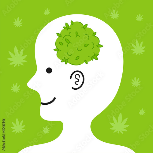 Cute human head in profile with marijuana bud inside. Vector cartoon character illustration icon. Medical marijuana, weed concept