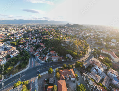 Aerial sunset view of City of Plovdiv, Bulgaria