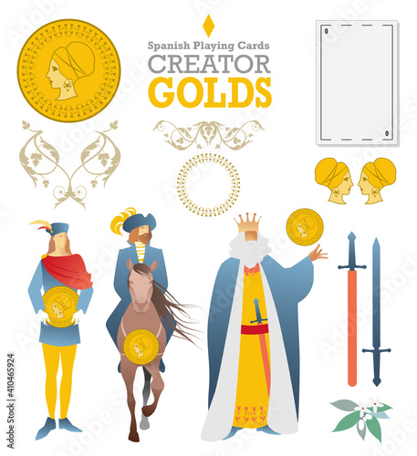 Creator deck of Spanish playing cards. Golds. Symbols and characters of the cards to build a deck