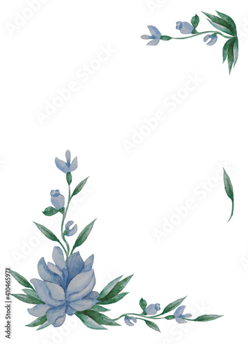 Floral pattern. The vertical frame of blue flowers, buds and leaves on white background. Watercolor. For festive design, postcards, decoration, packaging, printing, scrapbooking paper