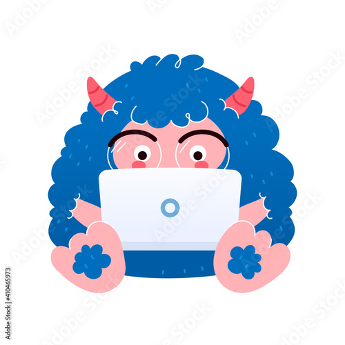 Funny yeti in glasses work with laptop. Vector flat cartoon kawaii character illustration icon. Isolated on white background