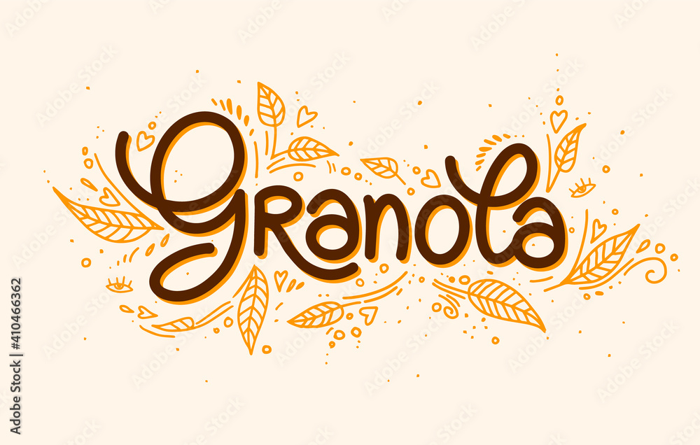 Granola vector logo. Muesli. Handmade calligraphy. Lettering, leaves with decorative elements. illustration healthy concept logotype. oatmeal porridge - obrazy, fototapety, plakaty 