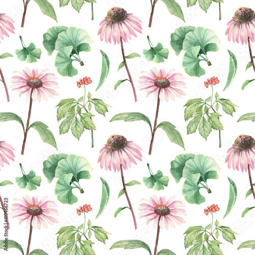 Seamless pattern with hand painted watercolor medicinal herbs