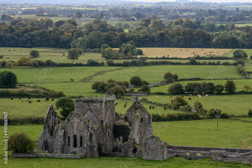 The Abbey at Rock of Cashel, Tipperary, Ireland. Distant view of the Abbey showing the rolling countryside of Ireland, and the distant horizon.