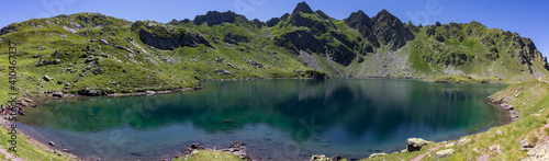 View of Ayous lakes and Midi d'Ossau mountain in the Pyrenees (France)