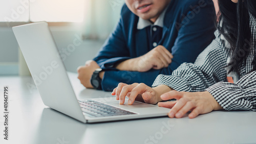 Three businessman investment consultant analyzing company financial report balance sheet statement working with documents graphs. Concept picture for stock market, office, tax, and project.