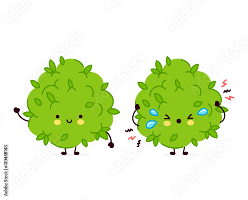 Cute funny and sad marijuana weed bud character. Vector flat line cartoon kawaii character illustration icon. Isolated on white background. Weed face character mascot concept