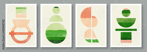 Mid-Century Modern Design. A trendy set of Abstract Green Hand Painted Illustrations for Postcard, Social Media Banner, Brochure Cover Design or Wall Decoration Background. Aesthetic watercolor.