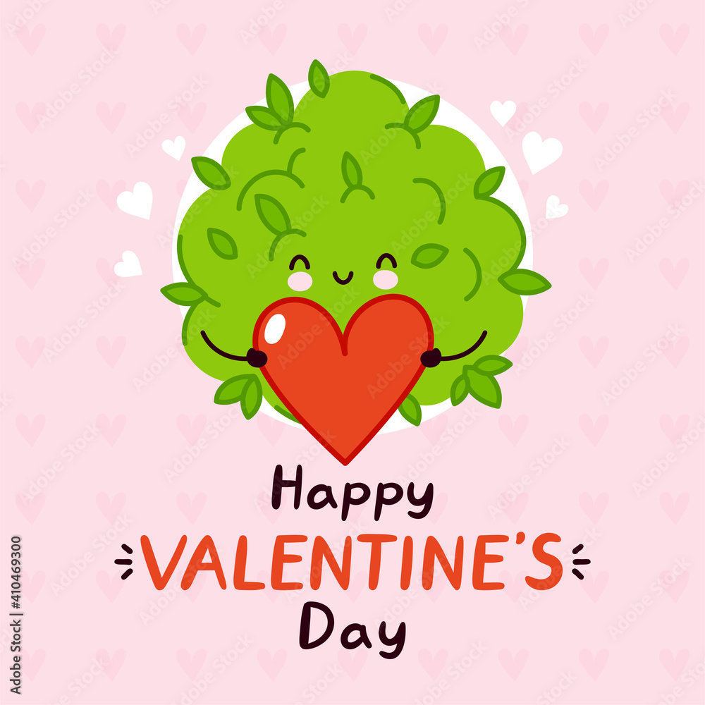 Cute funny marijuana weed bud present heart. Happy valentines day card.  Vector flat line cartoon kawaii character illustration icon. Valentines day  concept Stock Vector | Adobe Stock