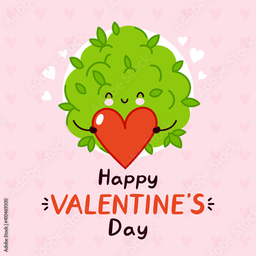 Cute funny marijuana weed bud present heart. Happy valentines day card. Vector flat line cartoon kawaii character illustration icon. Valentines day concept