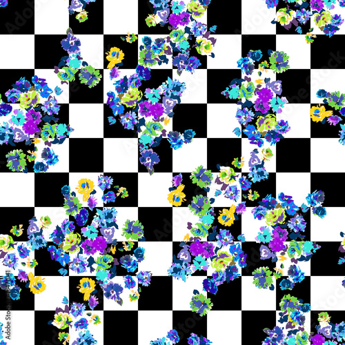 Fototapeta Naklejka Na Ścianę i Meble -  Seamless checkers and watercolor flowers pattern, floral print.