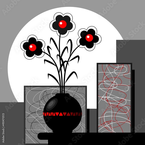 Decorative still life with red black stylized flowers in a vase. Vector illustration. 