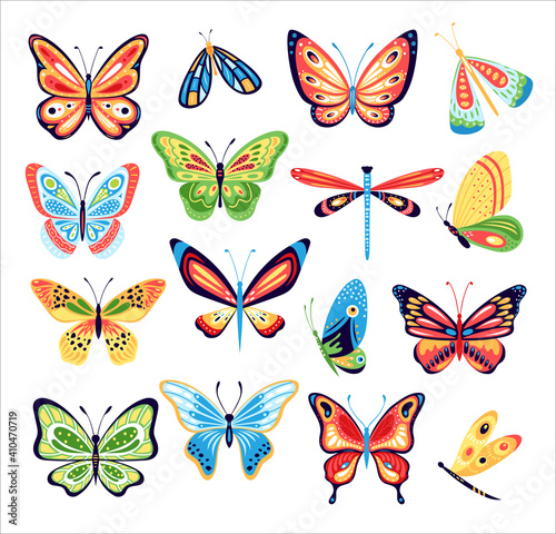Butterfly set. Vector collection of colorful butterflies isolated on background. Hand drawn spring insects  moth with colorful wings. Drawing vintage flying papillon butterfly. Summer garden insects