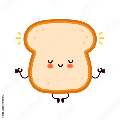 Cute funny happy bread toast character meditate. Vector flat line cartoon kawaii character illustration icon. Isolated on white background. Toast with face character mascot concept