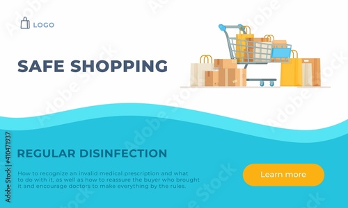Safe online shopping. Vector illustration of shopping in a store. Ordering goods at home. Store, supermarket, shopping cart.