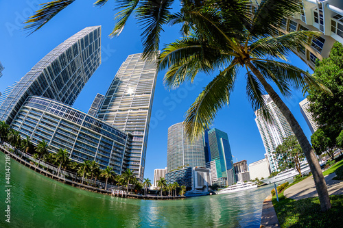 Fisheye view of the Brickell Key area in downtown Miami along Biscayne Bay. © Fotoluminate LLC