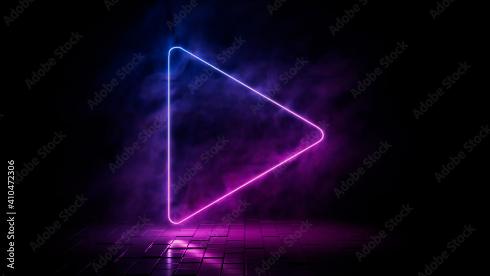 Pink and blue neon light play icon. Vibrant colored media technology symbol, isolated on a black background. 3D Render 