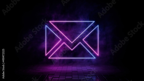 Pink and blue neon light email icon. Vibrant colored envelope technology symbol, isolated on a black background. 3D Render  photo