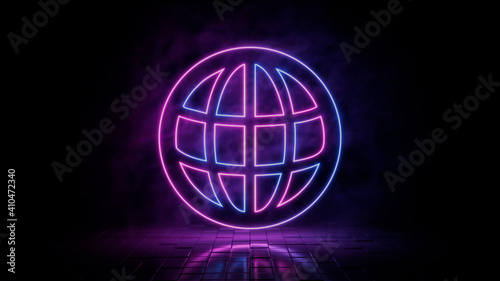 Pink and blue neon light web icon. Vibrant colored internet technology symbol, isolated on a black background. 3D Render 
