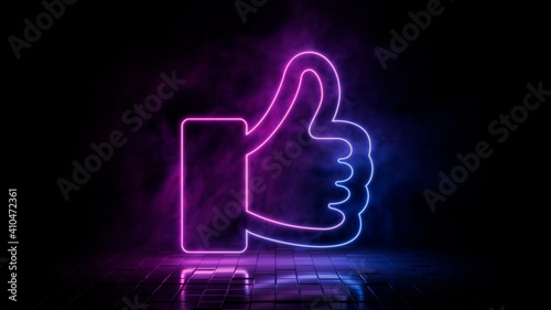 Pink and blue neon light like icon. Vibrant colored thumbs up technology symbol, isolated on a black background. 3D Render 