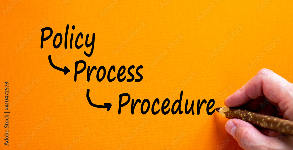 Policy, process and procedure symbol. Businessman writing words 'policy ...