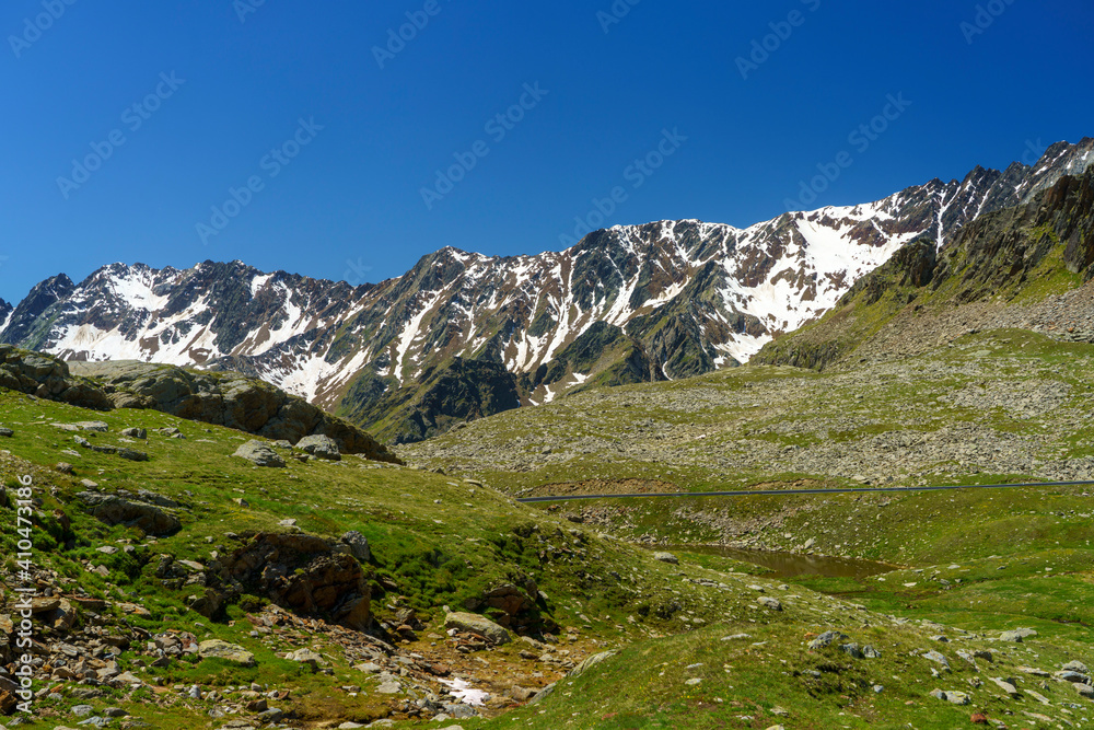 Passo Gavia, mountain pass in Lombardy, Italy, to Val Camonica at summer