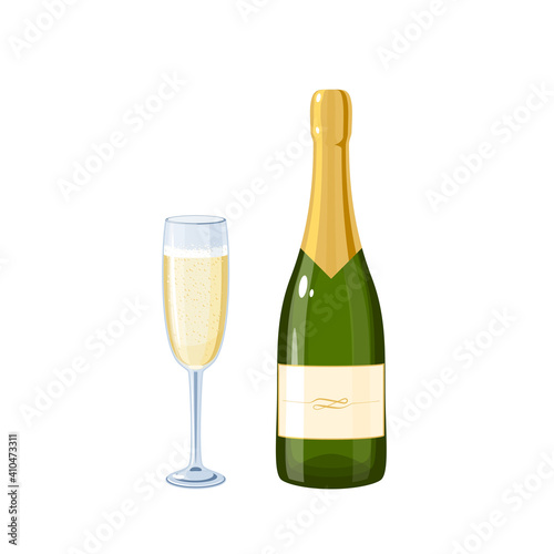 Champagne wine bottle and glass. Vector illustration cartoon flat icon isolated on white background.