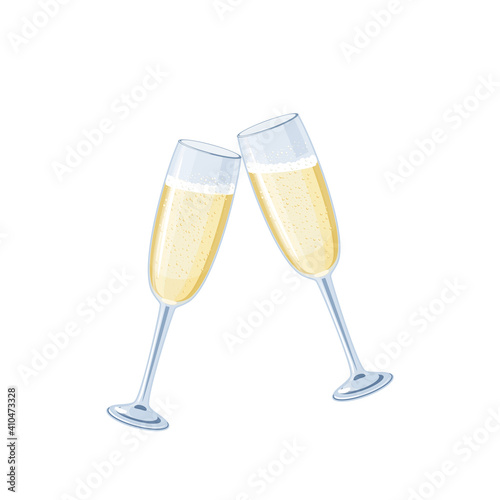 Pair of champagne wine glasses, toasting for celebration. Vector illustration cartoon flat icon isolated on white background.