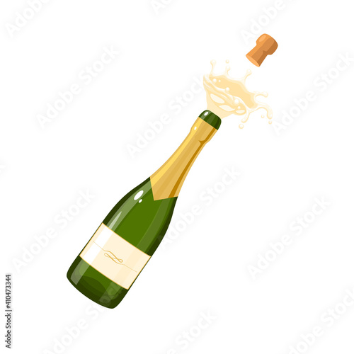 Bottle of champagne wine, exploding opening for celebration. Vector illustration cartoon flat icon isolated on white background.