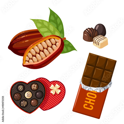 Heart shaped valentine day candy box with chocolate bon-bons and cocoa fruit with beans inside. Vector illustration cartoon flat icon set isolated on white background.