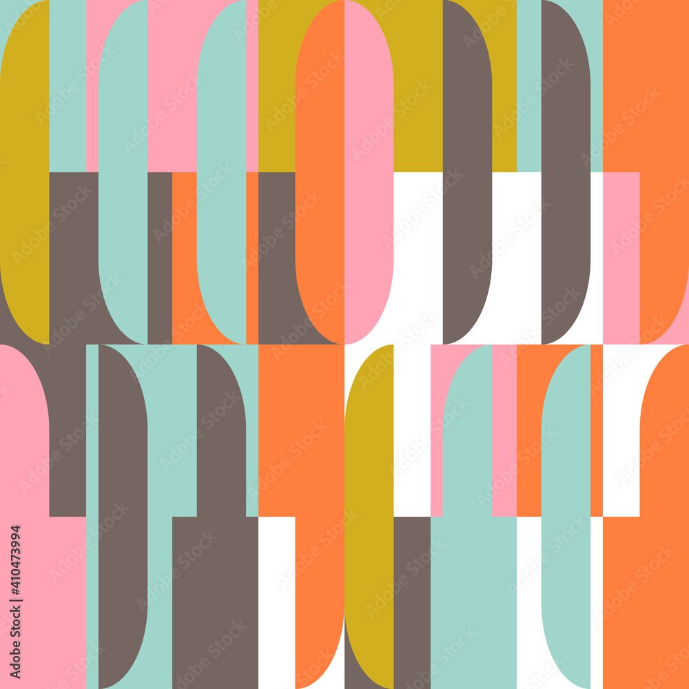 Mid-century geometric abstract vector seamless pattern with simple shapes and retro color palette. Simple composition for web design, branding, invitations, posters, textile and wallpaper.