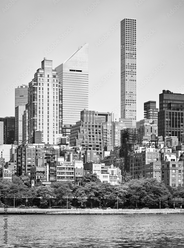 Black and white picture of New York City diverse architecture, USA.