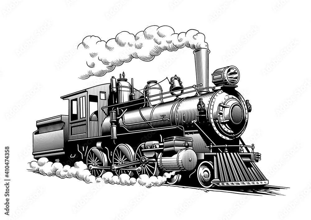 Vintage steam train locomotive, engraving style vector illustration