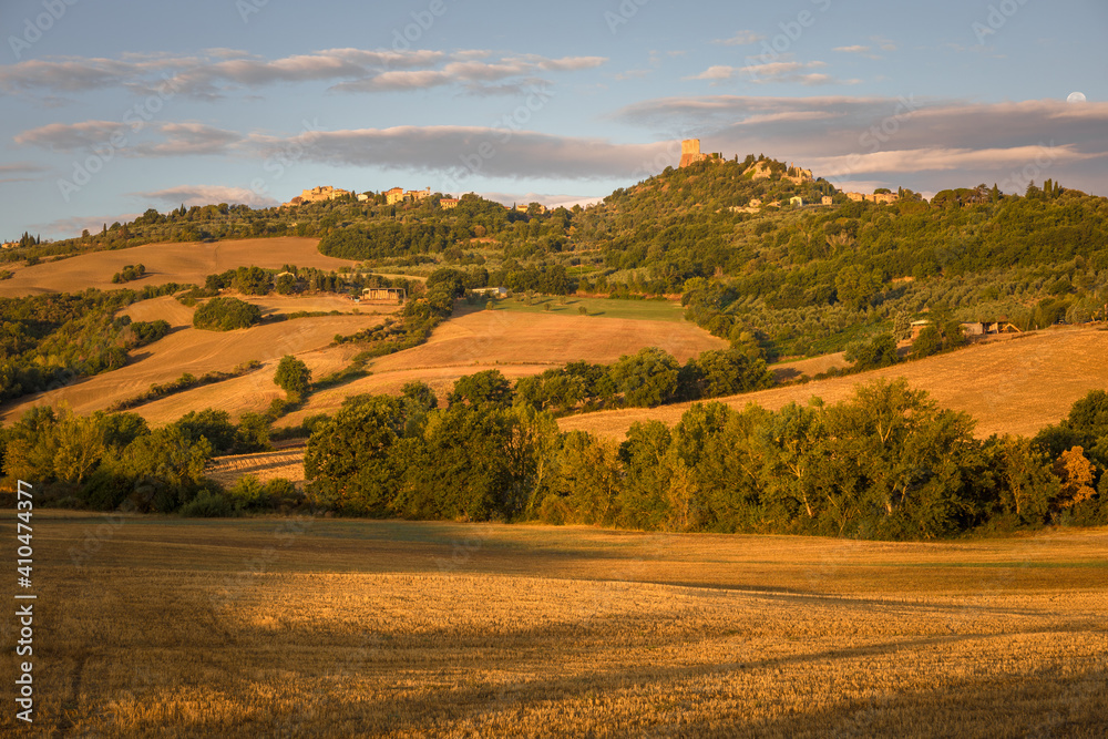 Scenic view of of Tuscany hills with Rocca di Tetennano and Rocca Aldobrandesca, Siena, Italy