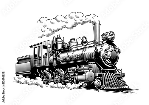 Canvas Print Vintage steam train locomotive, engraving style vector illustration