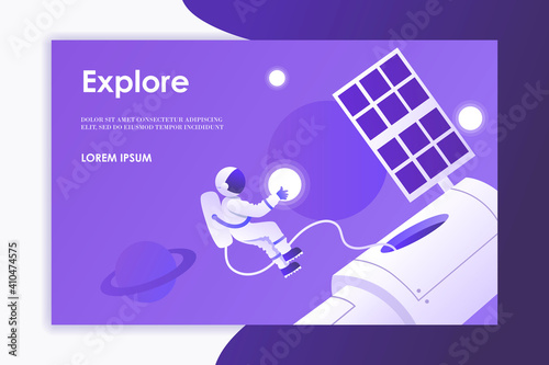 Man makes a spacewalk. Astronaut, planets, space, universe, sky. Modern template for web page, landing page, presentation, banner. Purple background. Place for text. Vector illustration. EPS 10 