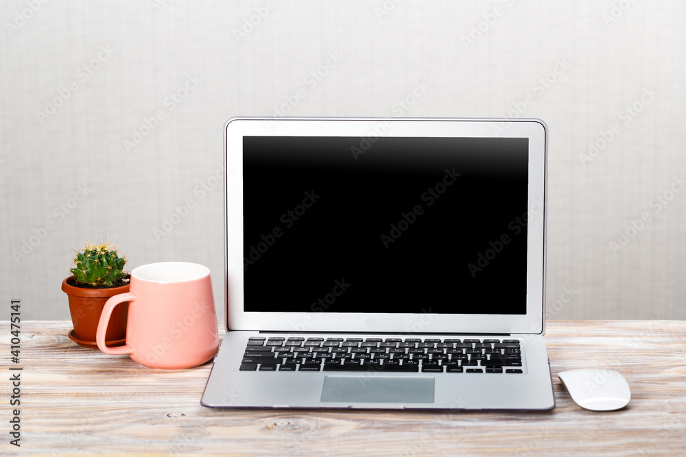 Laptop with blank screen for product display and green succulent plant on a wooden table. distance learning Laptop with blank screen for product display and green succulent plant on a wooden table. distance learning