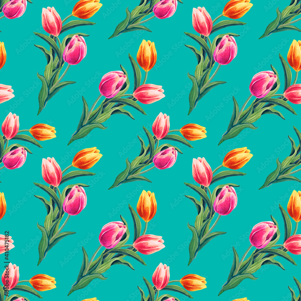 Spring seamless pattern with Yellow,red,pink tulips.The flowers on emerald background.Watercolor illustration Spring seamless pattern with Yellow,red,pink tulips.The flowers on emerald background.Watercolor illustration