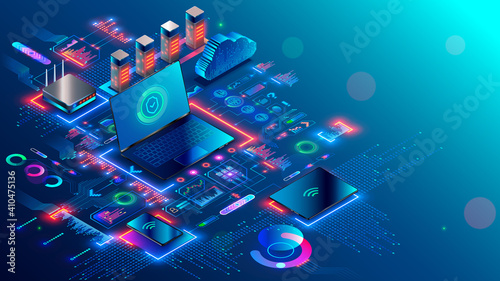 Computer network security technology. Local computer network structure communications with data center or online server via protected internet connection. Cybersecurity data concept. Home network.
