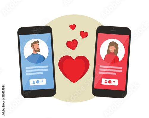 Romance dating online. loving couple on mobile phone screens. Dating application