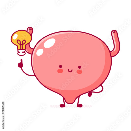 Cute happy funny human bladder organ character with idea bulb. Vector flat line cartoon kawaii character illustration icon. Isolated on white background. Bladder with face character mascot concept