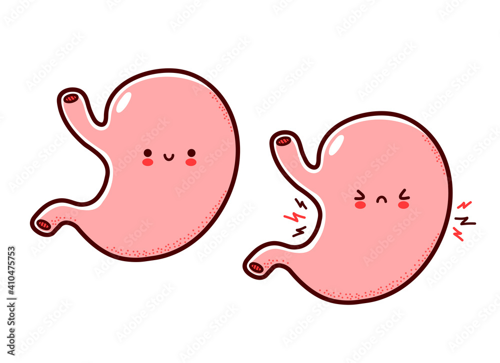 Cute healthy and sick sad funny human stomach organ character. Vector flat line cartoon kawaii character illustration icon. Isolated on white background. Stomach with face character mascot concept Cute healthy and sick sad funny human stomach organ character. Vector flat line cartoon kawaii character illustration icon. Isolated on white background. Stomach with face character mascot concept