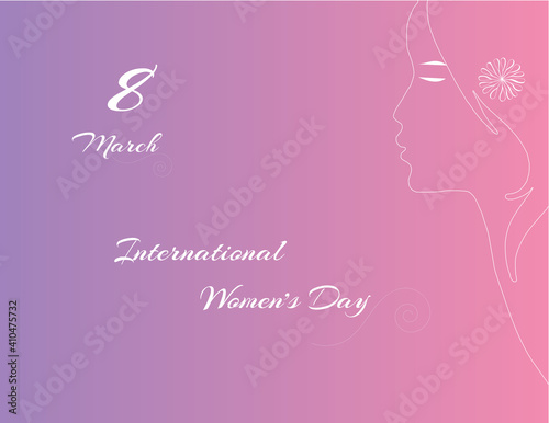 Happy women's day on 8 march international celebration theme with woman's face as line art on gradient background for poster, story, wishes card, greeting card