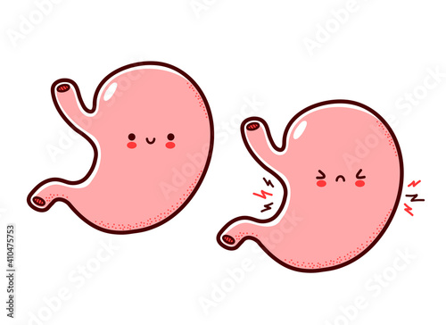 Cute healthy and sick sad funny human stomach organ character. Vector flat line cartoon kawaii character illustration icon. Isolated on white background. Stomach with face character mascot concept