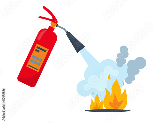 Red fire extinguisher and burning fire photo