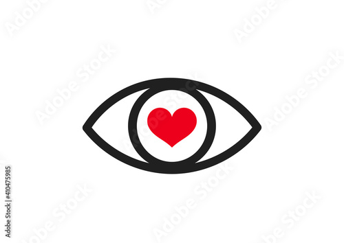 Eye with red heart line icon.
