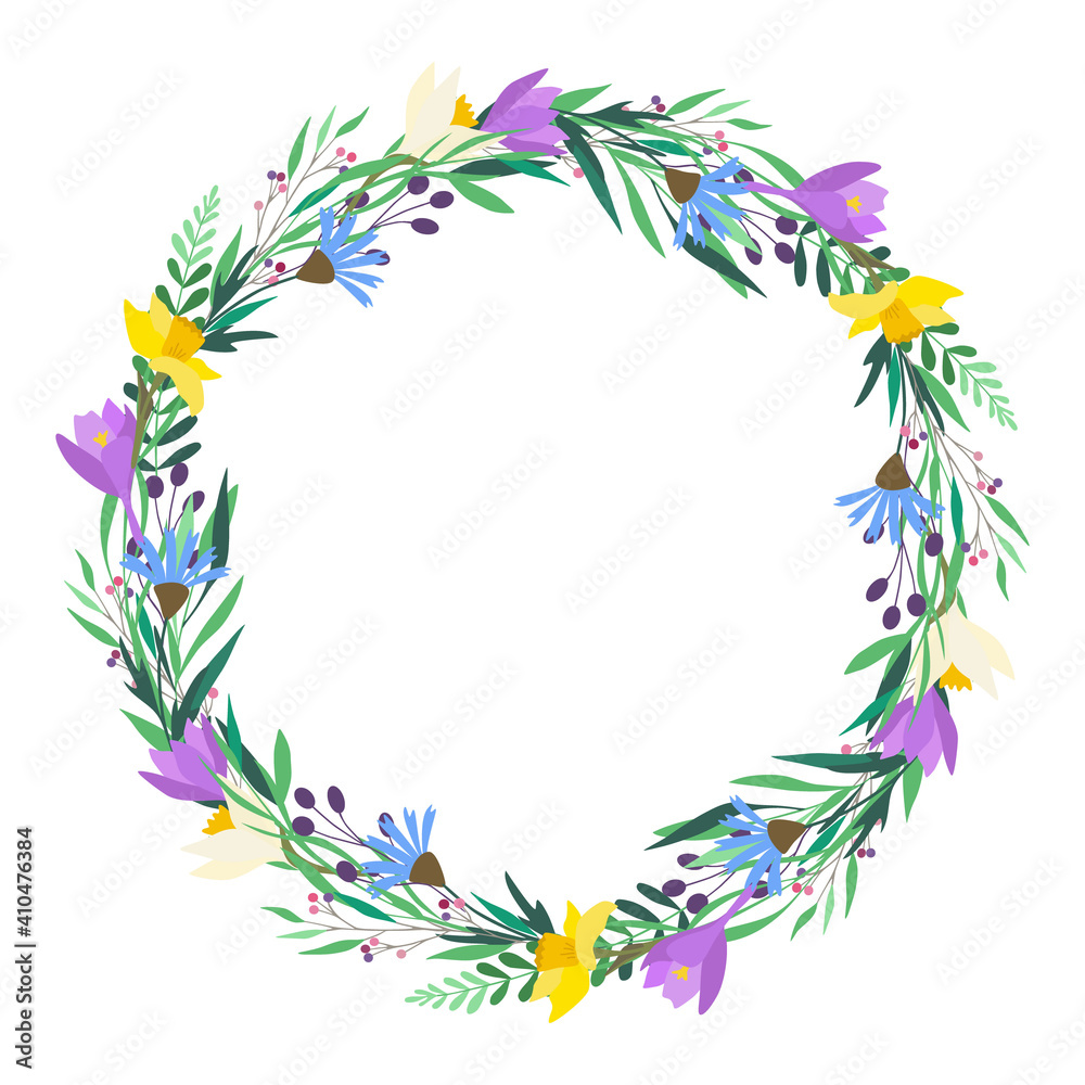 Spring flowers wreath. Crocus, narcissus, daffodil, cornflower. Easter wreath. Greeting card, wedding invitation template. Round frame. Vector illustration isolated on white background. Flat design. Spring flowers wreath. Crocus, narcissus, daffodil, cornflower. Easter wreath. Greeting card, wedding invitation template. Round frame. Vector illustration isolated on white background. Flat design.