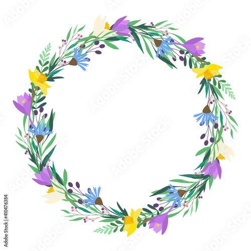 Spring flowers wreath. Crocus, narcissus, daffodil, cornflower. Easter wreath. Greeting card, wedding invitation template. Round frame. Vector illustration isolated on white background. Flat design.