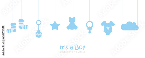 its a boy welcome greeting card for childbirth with hanging baby utensils vector illustration EPS10